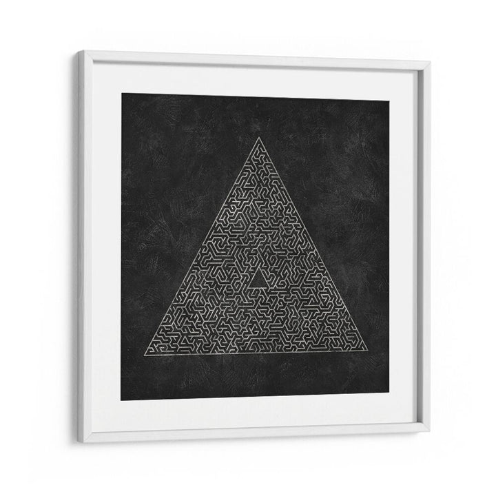 Stylish THE PYRAMID MAZE ESCAPE II, GEOMETRIC ART PRINTS framed in white, showcasing intricate abstract design.