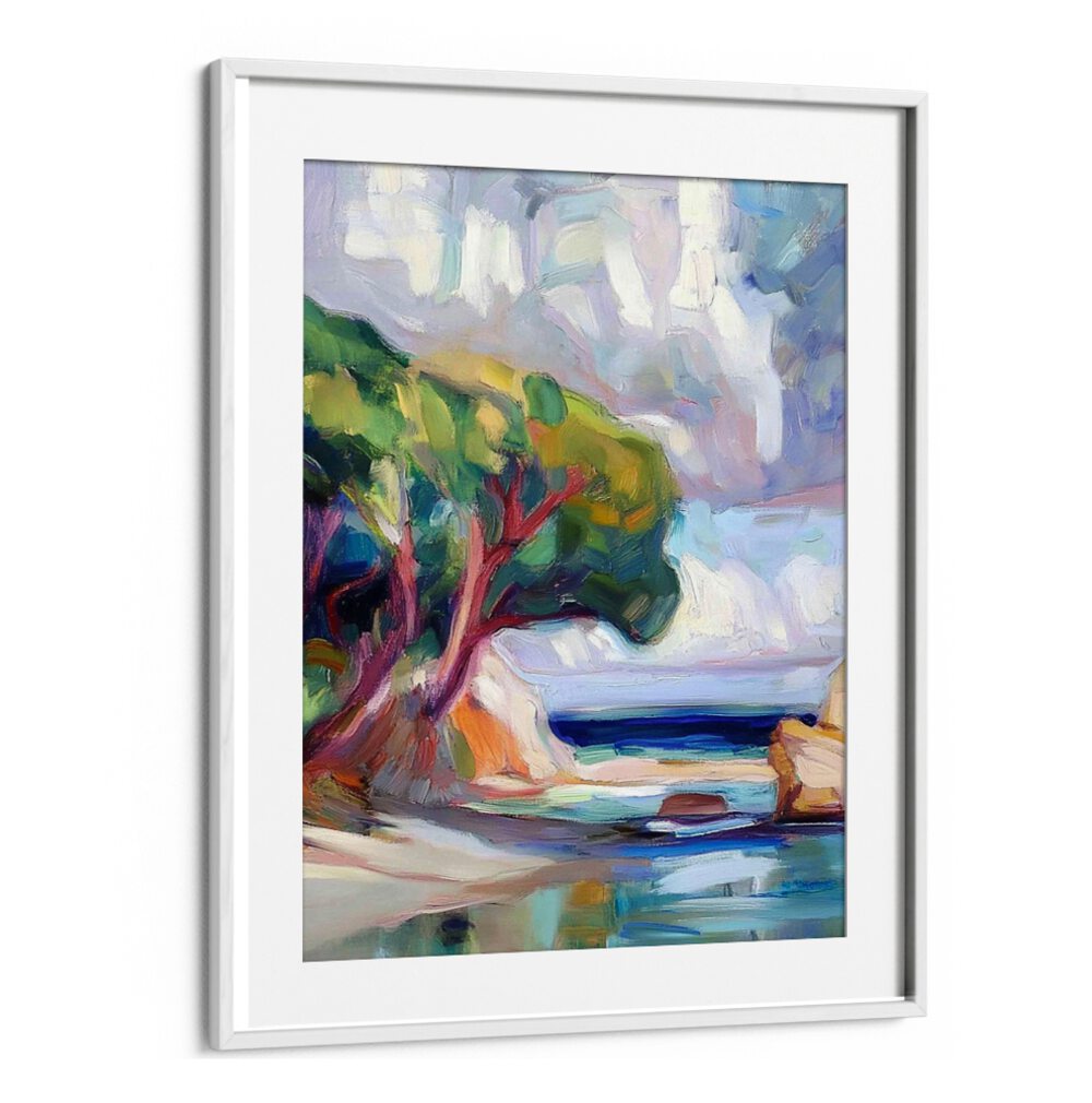 Vibrant TREE BY THE SEA artwork beautifully blends nature's tranquility with coastal elegance for your decor.