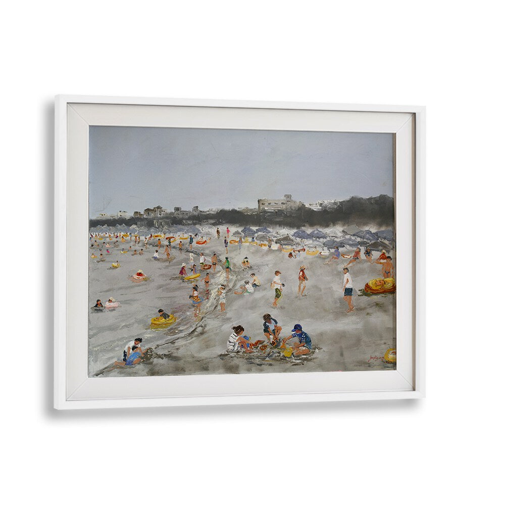 Colorful BEACH STORY , BEACH PAINTINGS depicting a lively beach scene filled with families enjoying their day.