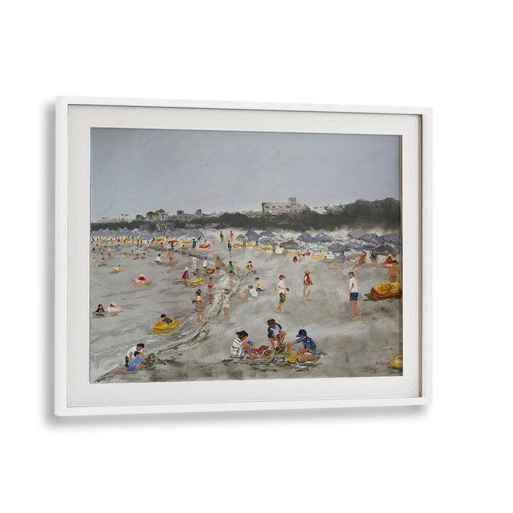 Colorful BEACH STORY , BEACH PAINTINGS depicting a lively beach scene filled with families enjoying their day.