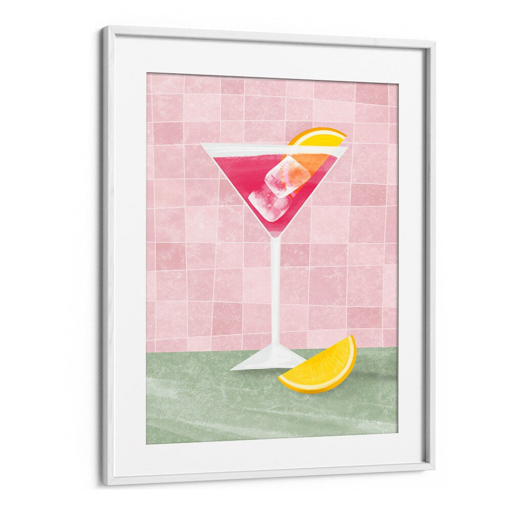 Vibrant PINK COCTAIL, BAR art featuring a stylish drink with lemon, perfect for cafe decor.