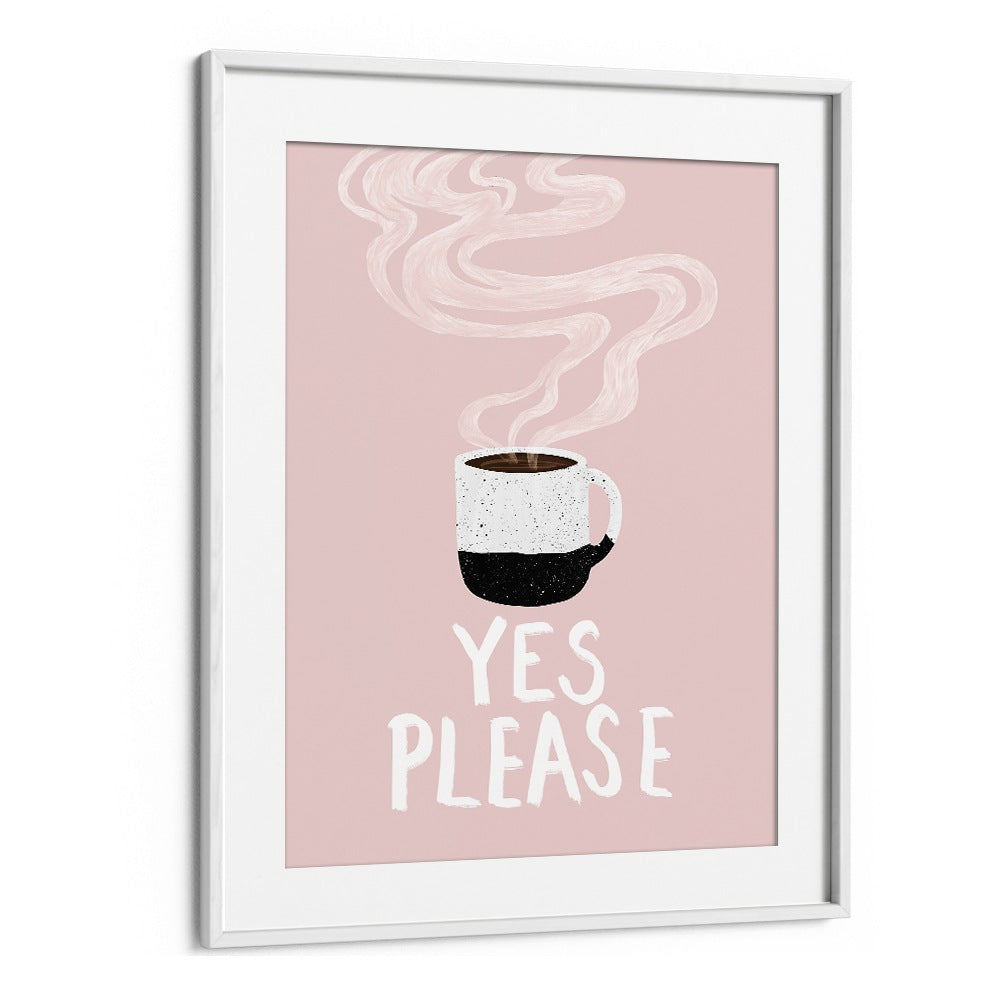 Framed artwork featuring a coffee mug and the phrase "YES PLEASE , BAR" perfect for cafe decor.