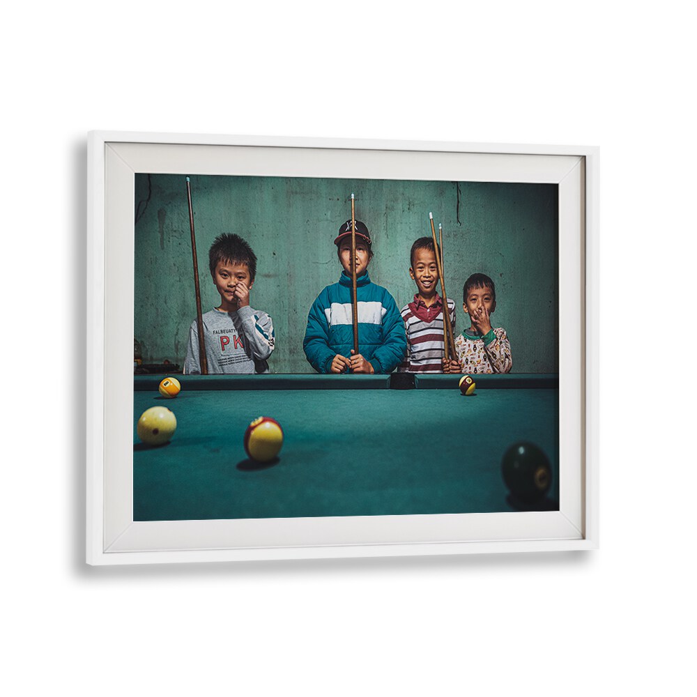 Kids enjoying a game of snooker in a vibrant setting, showcasing "PLAYING SNOOKER IN THE MOUNTAINS, PHOTOGRAPHY PRINTS".
