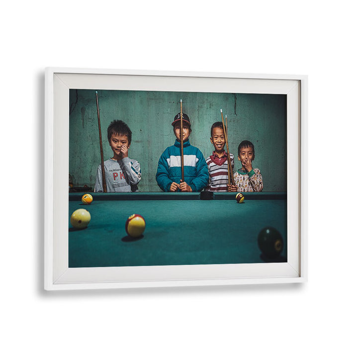 Kids enjoying a game of snooker in a vibrant setting, showcasing "PLAYING SNOOKER IN THE MOUNTAINS, PHOTOGRAPHY PRINTS".