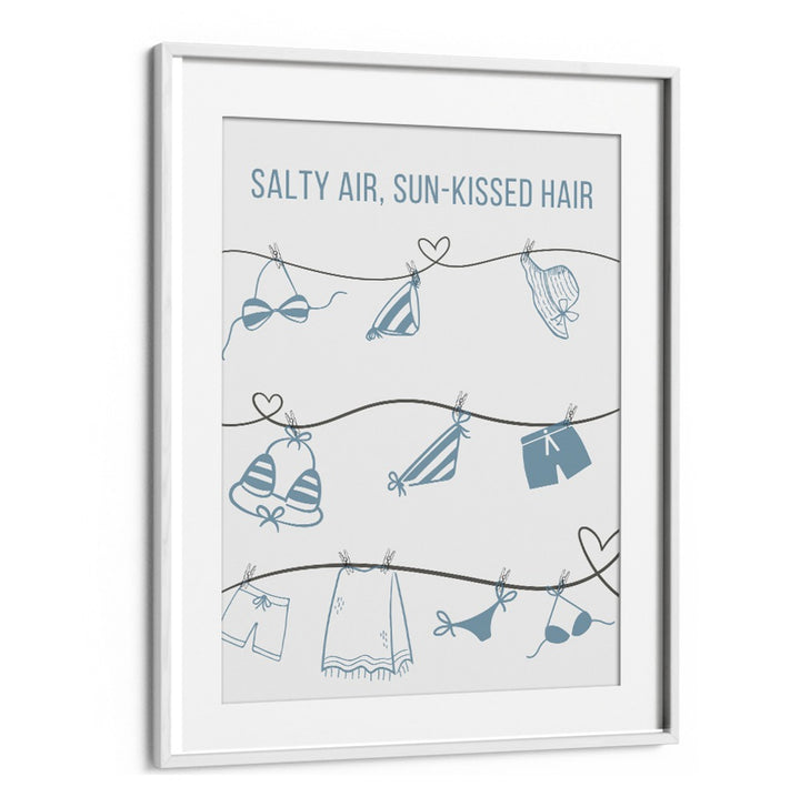 Framed SALTY AIR - CLOTHESLINE, BEACH PAINTINGS artwork showcasing beachwear, perfect for coastal-themed decor.