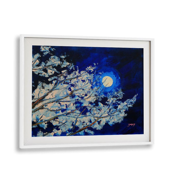 Stunning BLUEMOON, LANDSCAPE PAINTINGS featuring a vibrant moonlit scene with delicate branches. Perfect for any decor.