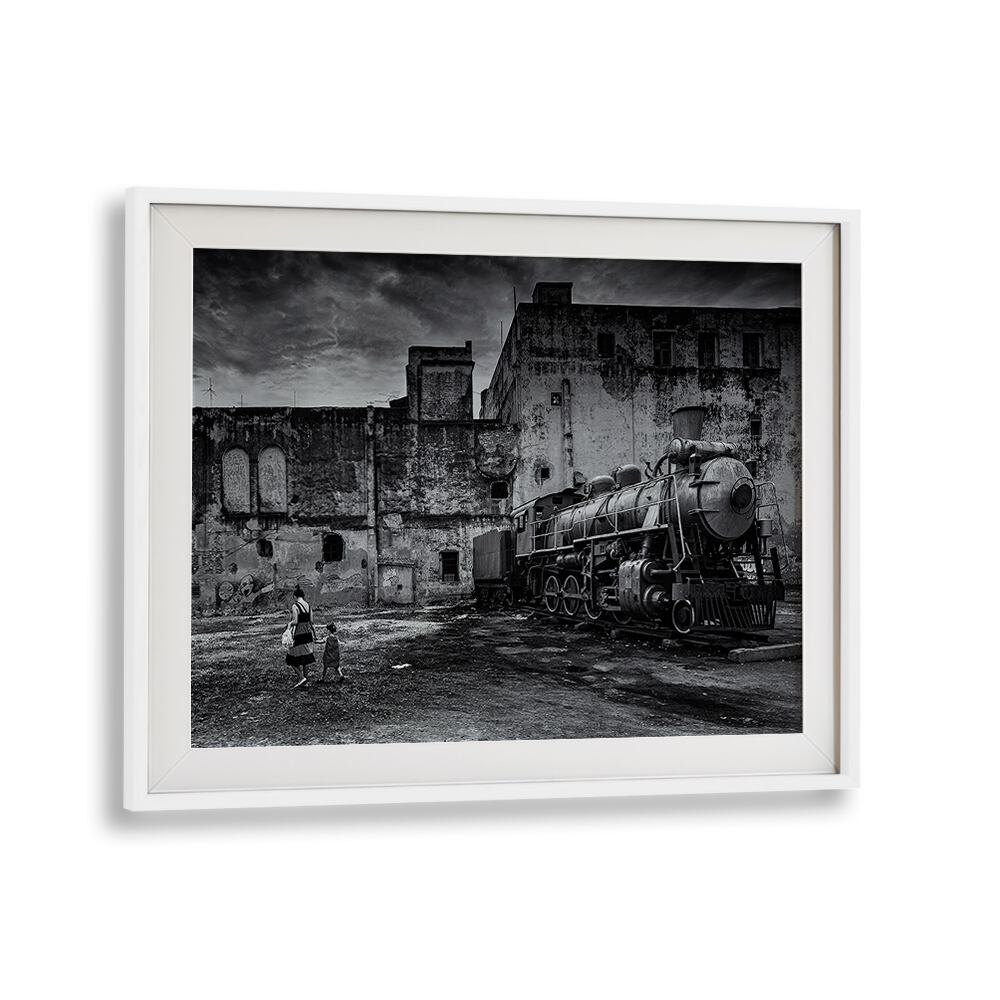 Captivating TRAIN, PHOTOGRAPHY PRINTS showcasing a vintage locomotive with figures in a historic setting.