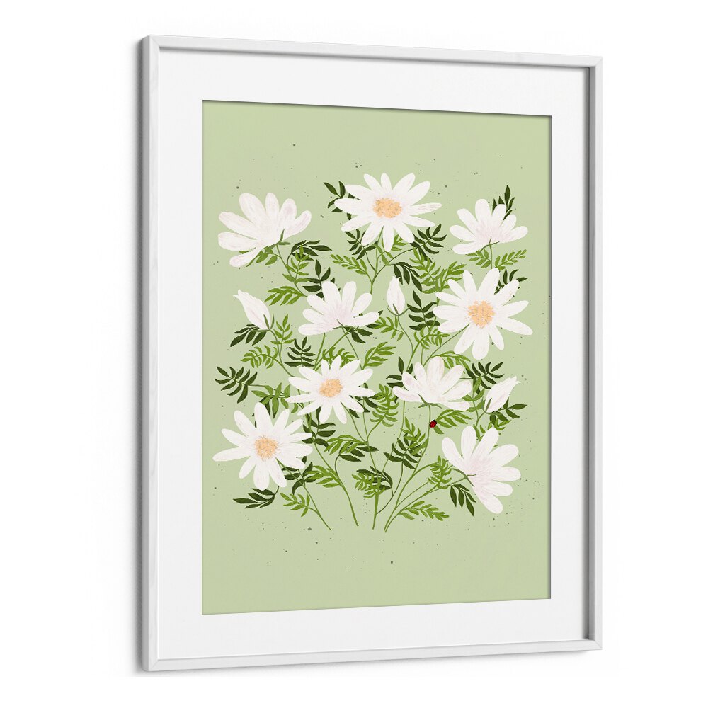 Charming LADYBUG FLOWERS, FLORAL FLOWER PAINTINGS with delicate white blooms on a soft green background. Perfect decor!