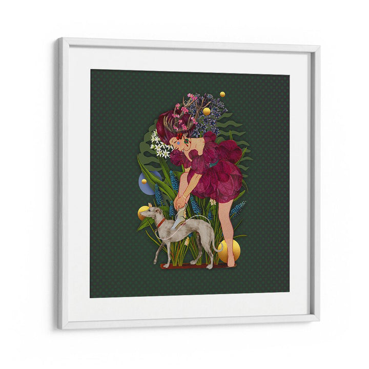 Whimsical ENCHANTED FOREST IX, PORTRAITS illustration featuring a girl and dog amidst lush greenery and vibrant colors.