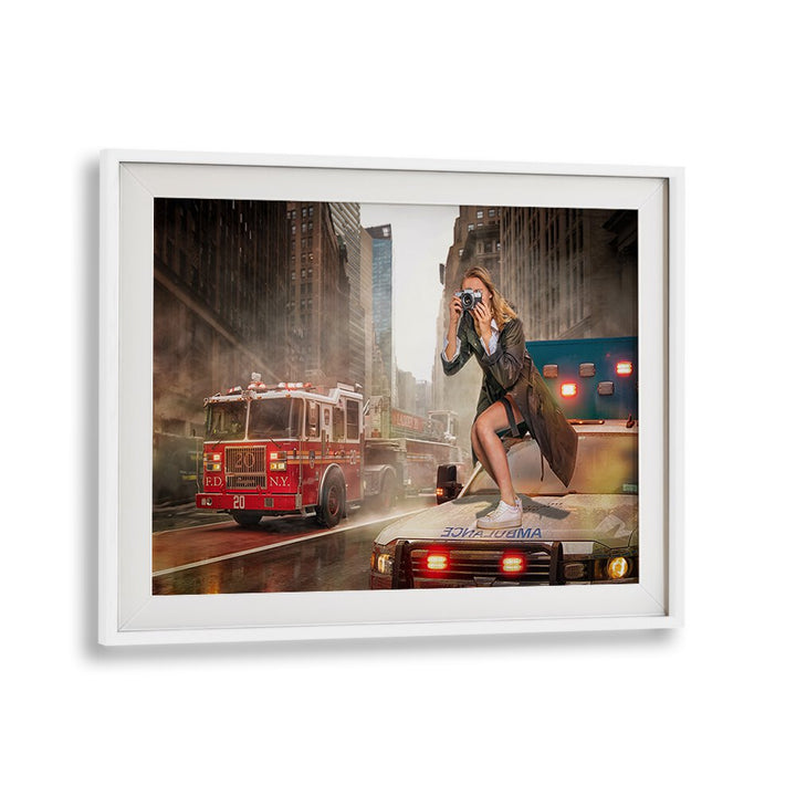 Surreal HOT NEWS, PHOTOGRAPHY PRINTS featuring a woman capturing an urban scene on a fire truck backdrop.