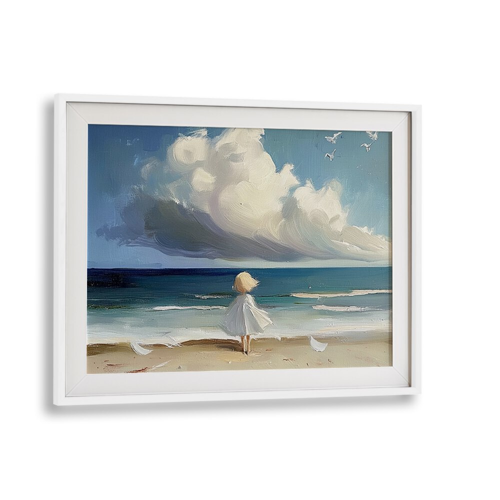 Charming LITTLE GIRL ON THE BEACH artwork captures childhood joy, perfect for adding whimsy to your home decor.