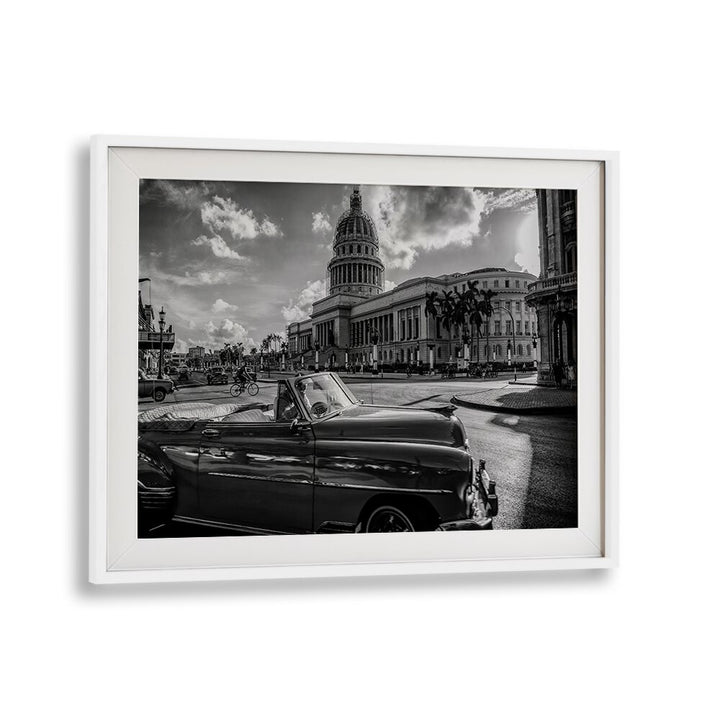 Stunning black and white scene featuring EL CAPITOLIO, PHOTOGRAPHY PRINTS, showcasing urban life and classic cars.