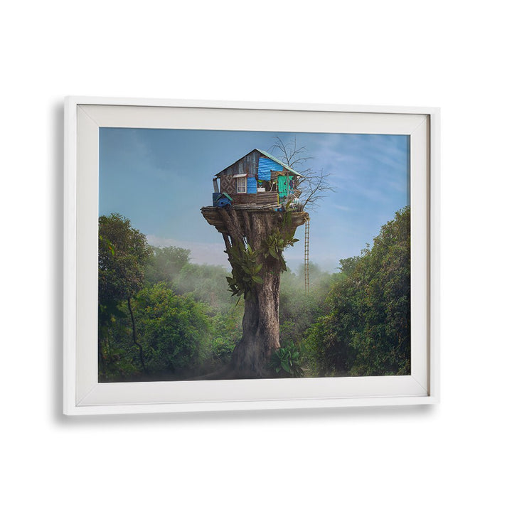 Surreal "House in the Sky" photography prints showcase a whimsical treehouse in lush greenery, perfect for unique decor.