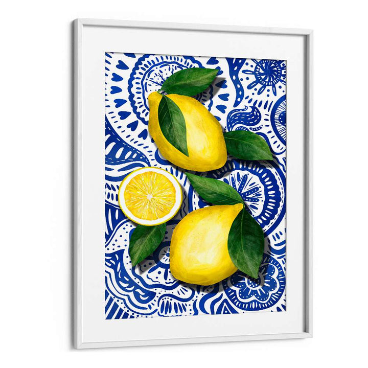 Bright LIMONES, KITCHEN POSTERS showcase vibrant lemons against a blue patterned background, perfect for kitchen decor.