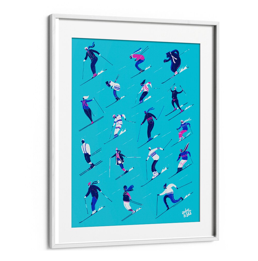 Colorful LE SKI BLUE, SPORTS POSTERS showcasing skiers in action, perfect for winter sports enthusiasts.