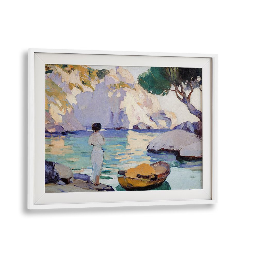 Captivating artwork "WOMAN IN A BOAT" depicts a serene scene of a woman by tranquil waters, enhancing any space.