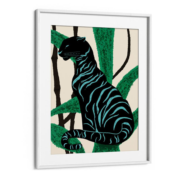 Vibrant BLACK CHARACTER, ANIMAL PAINTINGS featuring a striking black tiger amidst lush green foliage. Perfect for art lovers.