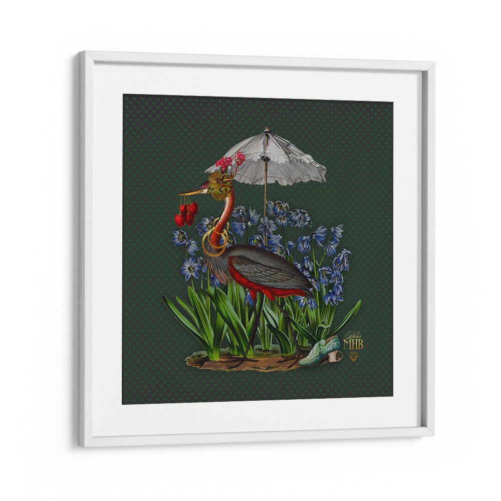 Whimsical heron under an umbrella among flowers showcases ENCHANTED FOREST V, ANIMAL PAINTINGS collection.