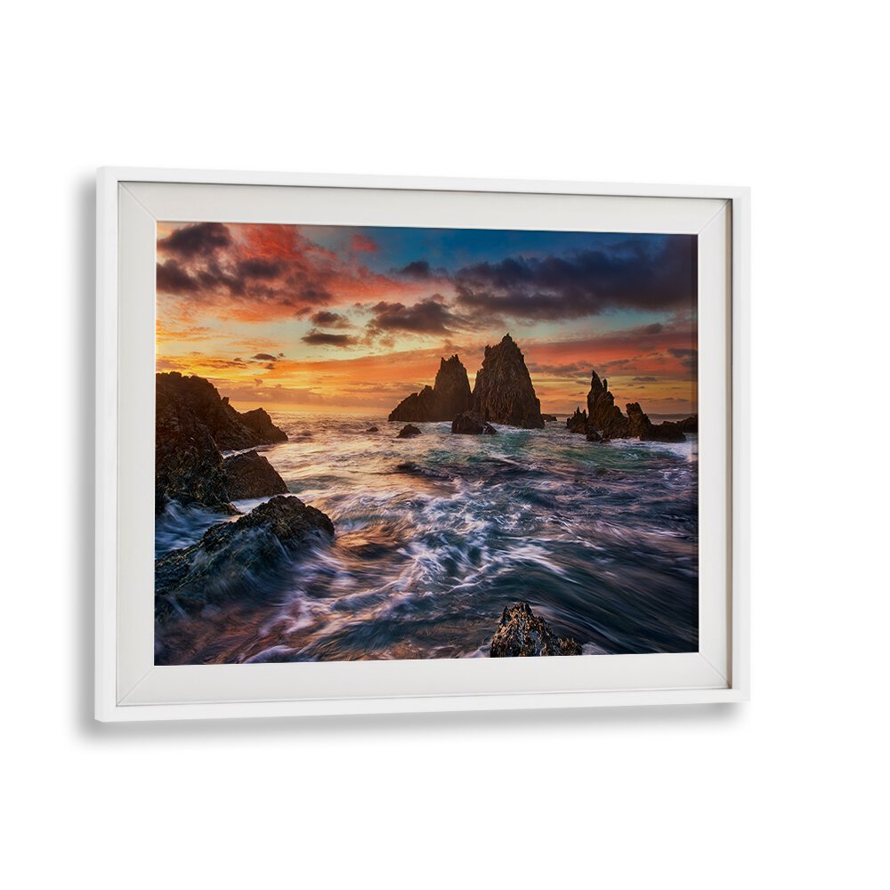 Stunning landscape showcasing vibrant sunset over rocky coastline, perfect for DANCE WITH LIGHT, PHOTOGRAPHY PRINTS decor.