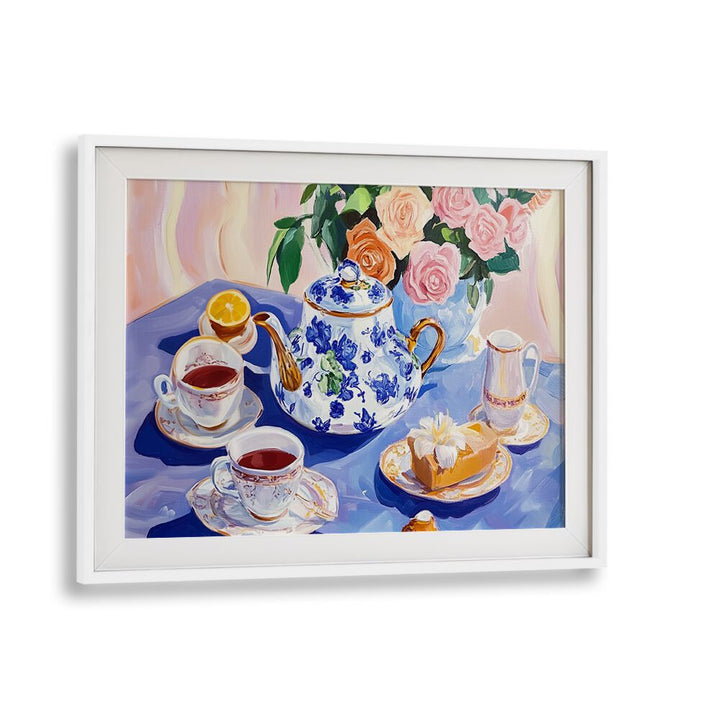 Elegant AFTERNOON TEA TABLE , KITCHEN POSTERS showcasing a beautiful tea set and floral arrangement for stylish gatherings.