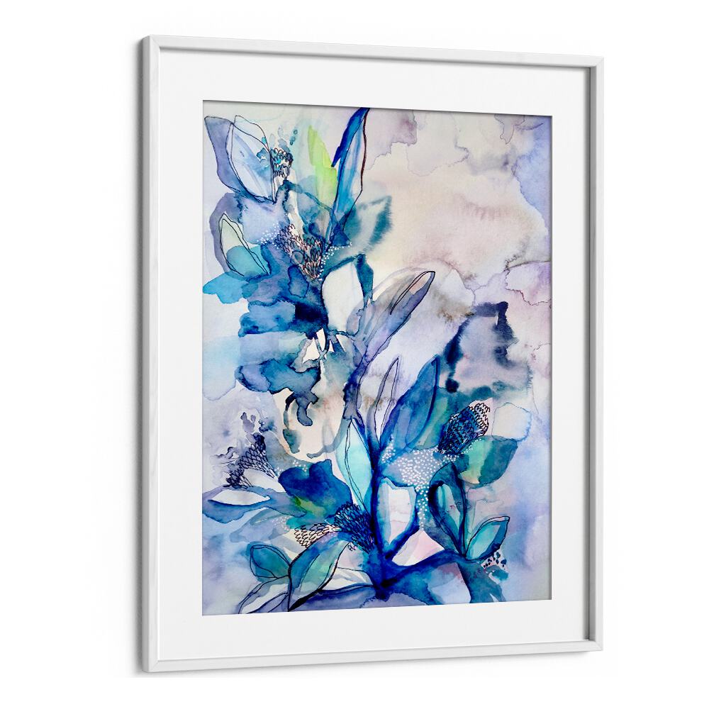 AQUA FLORAL, FLORAL FLOWER PAINTINGS featuring vibrant blue hues and delicate floral designs in a chic frame.
