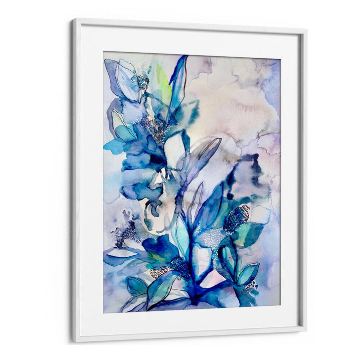 AQUA FLORAL, FLORAL FLOWER PAINTINGS featuring vibrant blue hues and delicate floral designs in a chic frame.
