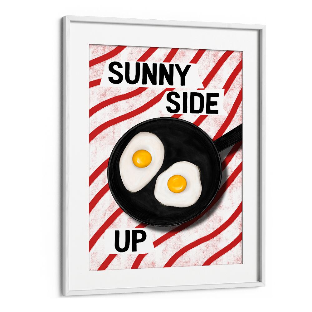 Framed art featuring "SUNNY SIDE UP , BAR" with two eggs in a pan, perfect for cafe decor or kitchen inspiration.