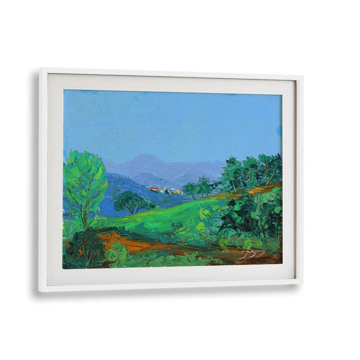 Vibrant GREEN HILLSIDE, LANDSCAPE PAINTINGS showcasing lush greenery and blue skies, perfect for any art lover.