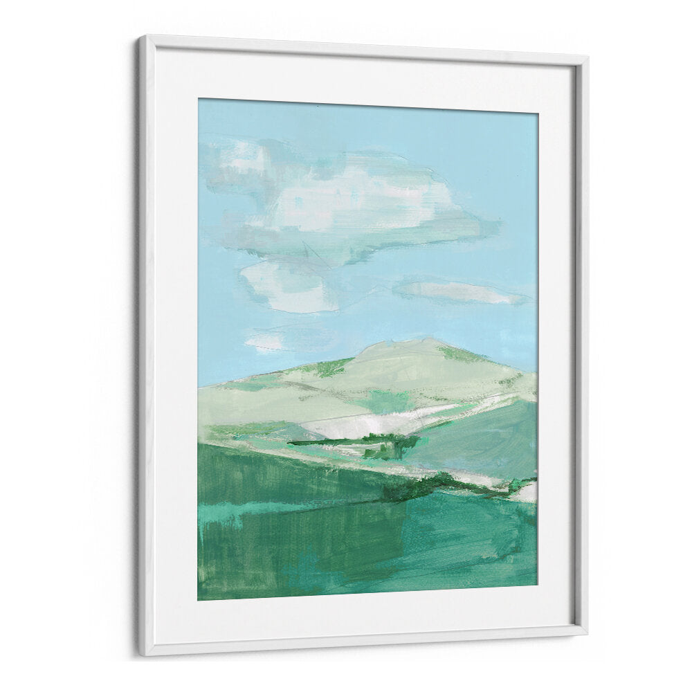 Serene blue and green landscape painting from the PASTEL MEADOWS, LANDSCAPE PAINTINGS collection for your home decor.
