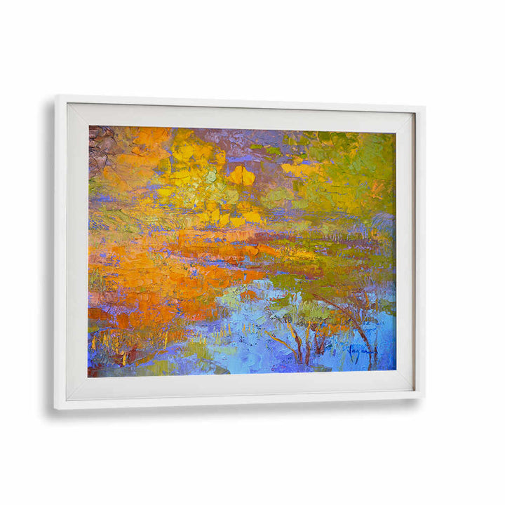AUTUMN'S PALETTE , LANDSCAPE PAINTINGS WhiteMount framed autumn landscape in rich gold, orange and blue texture