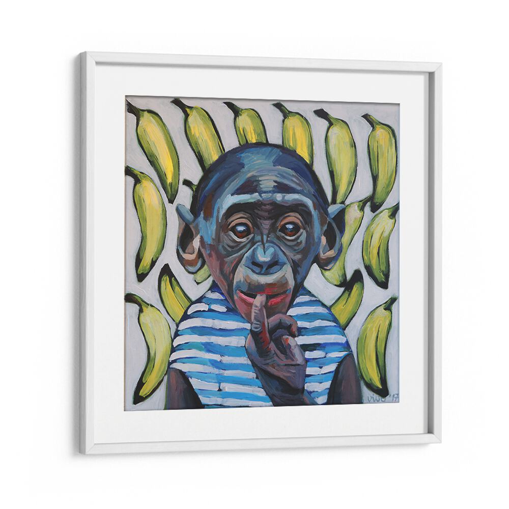 Vibrant BANANA CONTEMPLATION, COMIC POSTERS featuring a thoughtful monkey surrounded by bananas, perfect for art lovers.