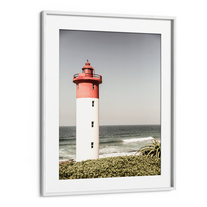 Framed lighthouse print on coastal cliff with ocean waves - BEACON BY THE SEA , BEACH PAINTINGS
