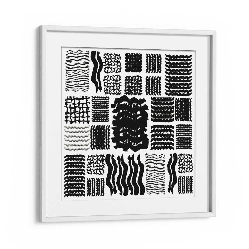 Stylish SQUIGGLE GRID II, GEOMETRIC ART PRINTS enhancing modern spaces with bold black and white patterns.