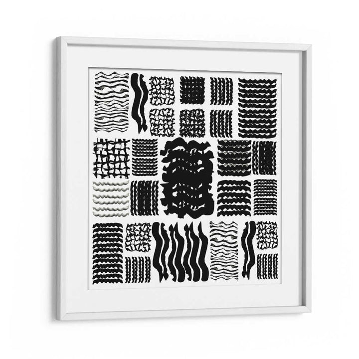 Stylish SQUIGGLE GRID II, GEOMETRIC ART PRINTS enhancing modern spaces with bold black and white patterns.