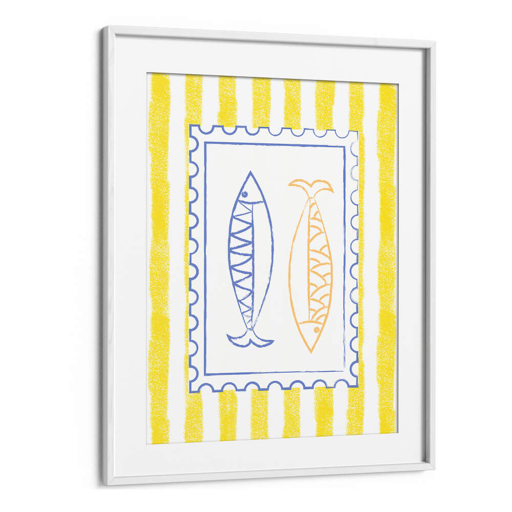 FISH STAMP ON YELLOW STRIPES , KITCHEN POSTERS