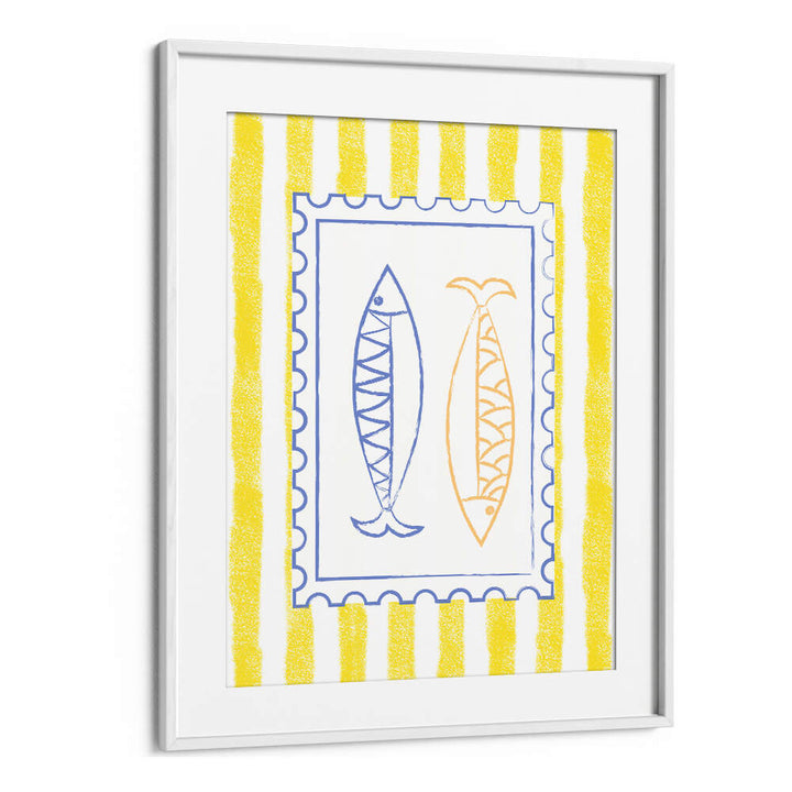FISH STAMP ON YELLOW STRIPES , KITCHEN POSTERS