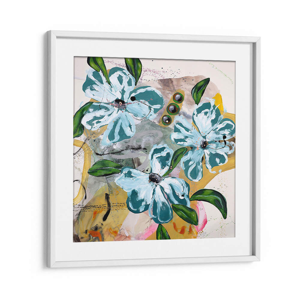 BOLD BLUE AND GREEN FLOWERS , FLORAL FLOWER PAINTINGS