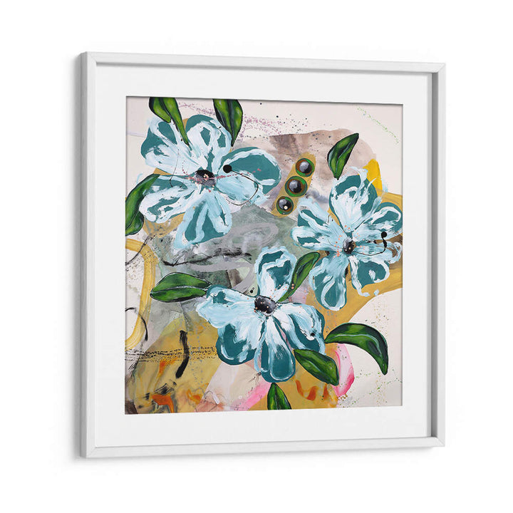 BOLD BLUE AND GREEN FLOWERS , FLORAL FLOWER PAINTINGS
