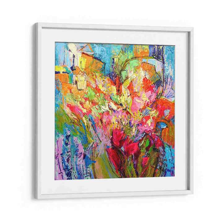 BRILLIANT BLOOM SCAPE , ABSTRACT PAINTINGS framed vibrant floral abstract with bold blues, pinks — WHITEMOUNT