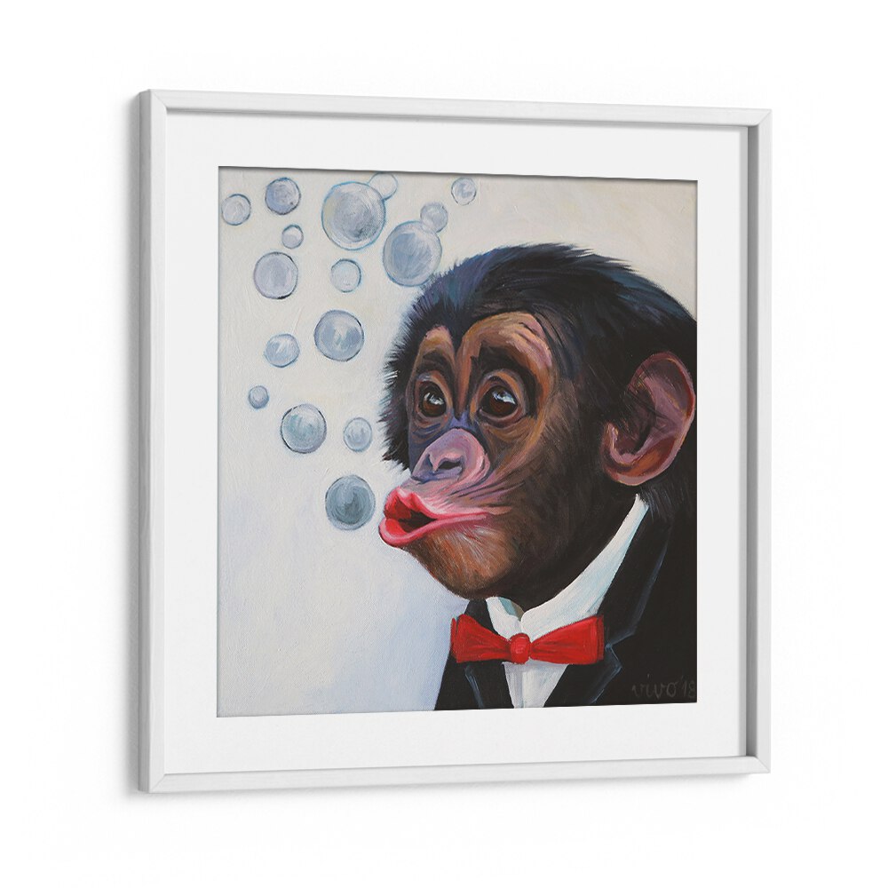 Bubbly Chimp Fancy Comic Posters showcase a whimsical chimp in a tuxedo, perfect for vibrant home decor.