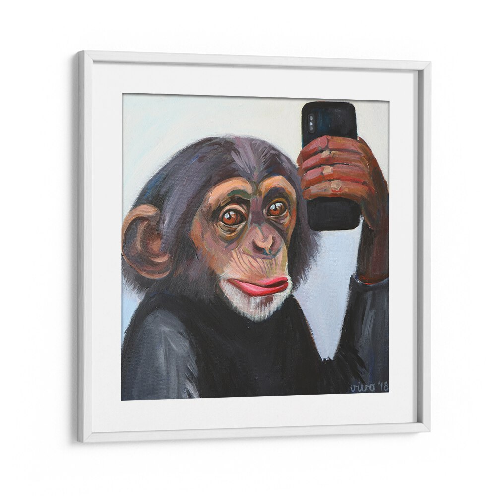 Charming CHIMP'S SELFIE MOMENT, COMIC POSTERS artwork showcasing a playful chimp with a smartphone, perfect for decor.
