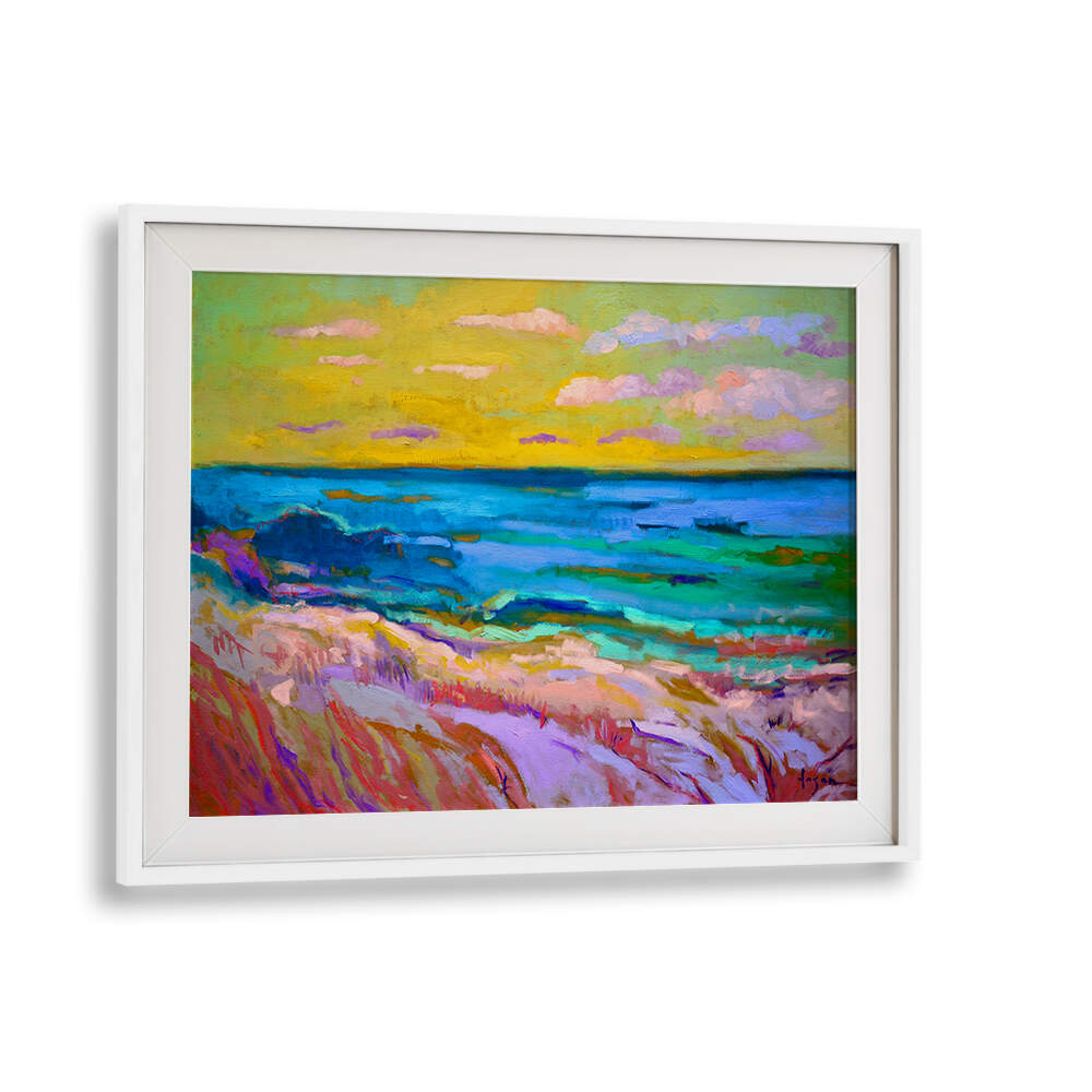 Framed COASTAL  SUNSET , LANDSCAPE PAINTINGS by WHITEMOUNT—vibrant sunset over turquoise sea and sandy dunes