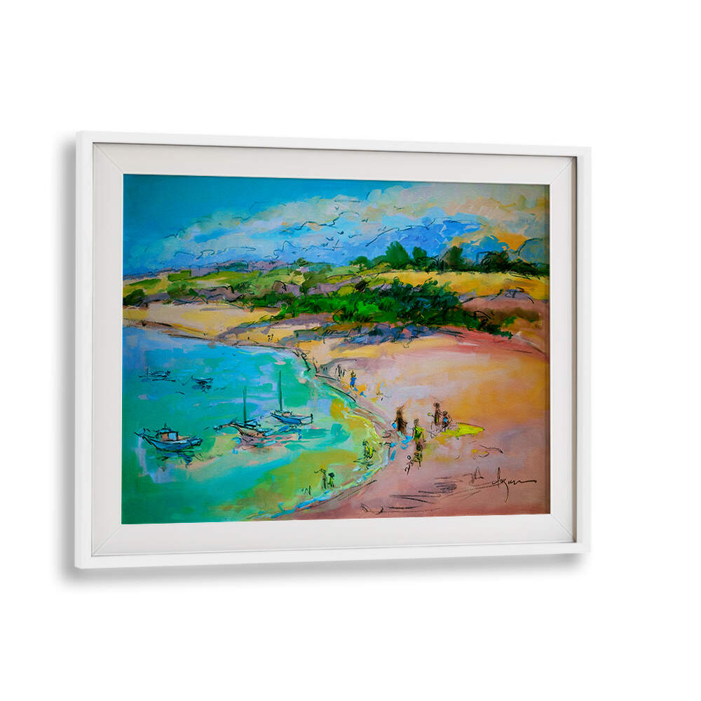 COASTAL SERENITY , LANDSCAPE PAINTINGS — WhiteMount Co framed beach scene with boats, pastel skies and shoreline.