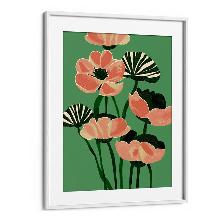 CORAL POPPIES ON GREEN , FLORAL FLOWER PAINTINGS