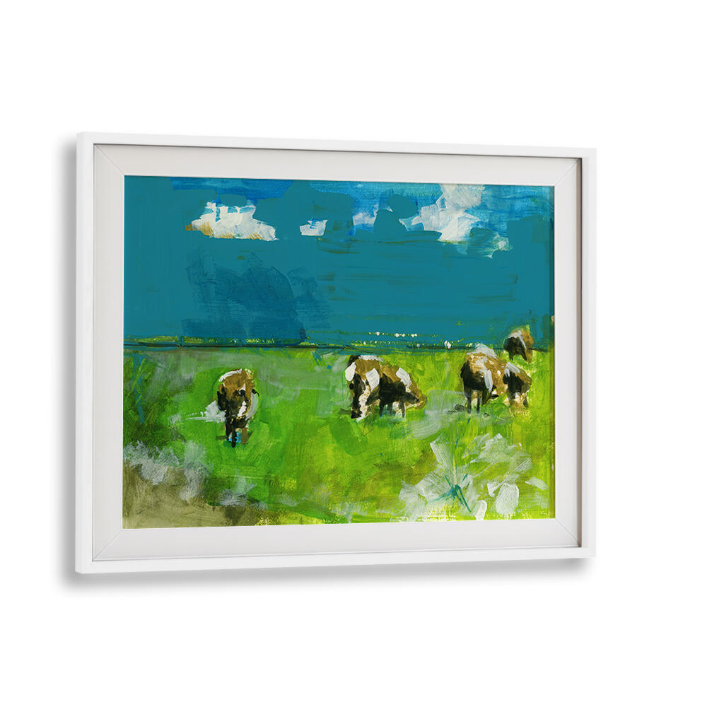 Cows in Landscape II offers a serene view of grazing cows in a vibrant countryside, perfect for landscape paintings lovers.
