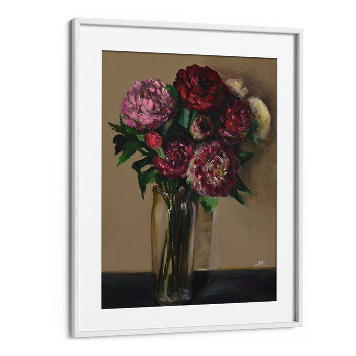 DARK RED PEONIES IN GLASS VASE