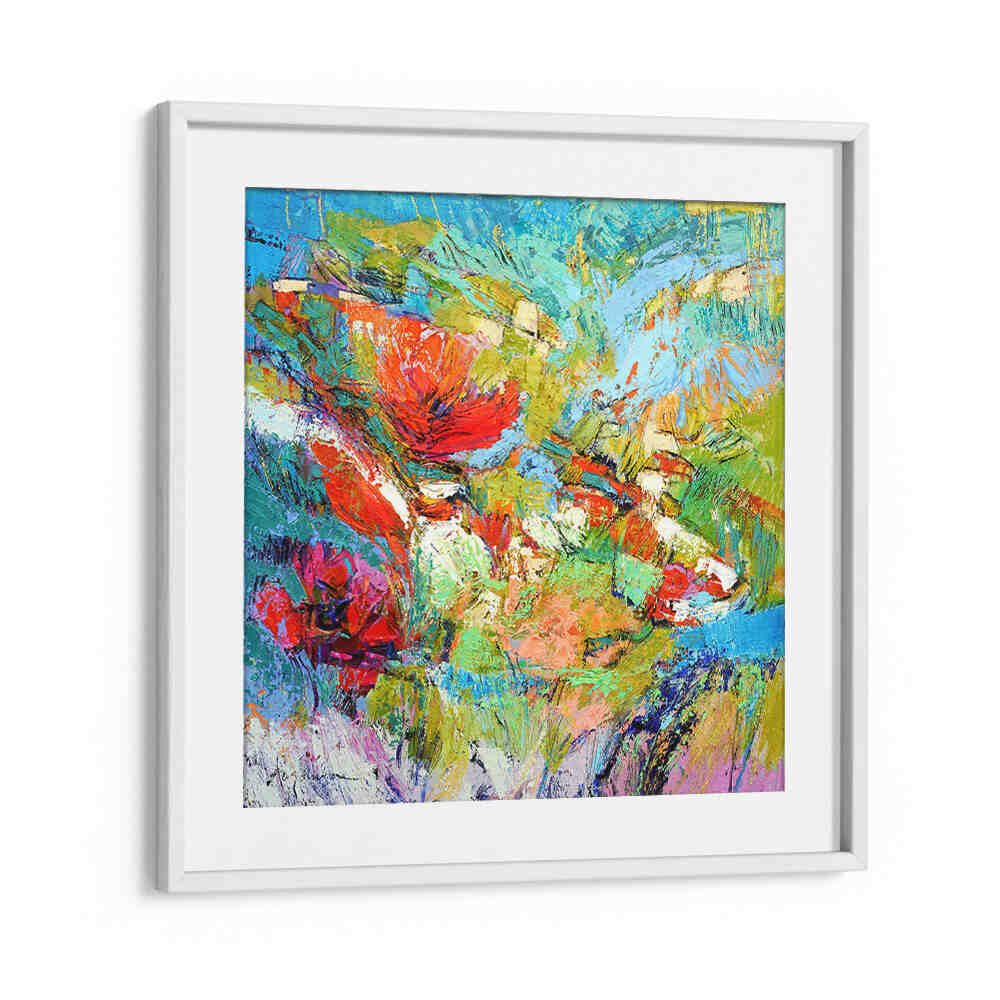 WhiteMount framed FLORAL HARMONY BURST , ABSTRACT PAINTINGS vibrant red, blue and green floral abstract on white mat