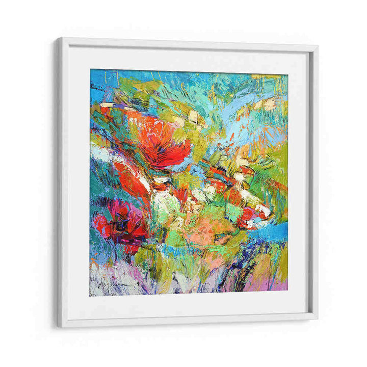 WhiteMount framed FLORAL HARMONY BURST , ABSTRACT PAINTINGS vibrant red, blue and green floral abstract on white mat