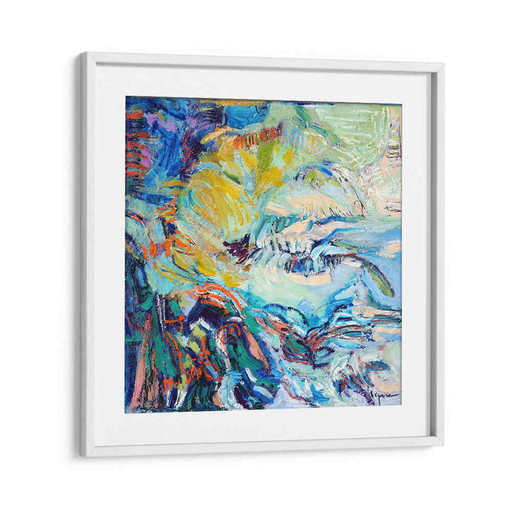 WHITEMOUNT framed canvas FLOWING HUES , ABSTRACT PAINTINGS with vibrant blue, yellow and teal brushstrokes