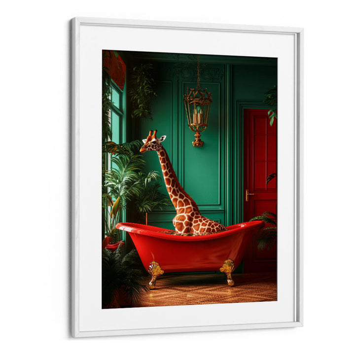 GIRAFFE IN THE BATHTUB TROPICAL ANIMALS , BATHROOM ART PRINTS